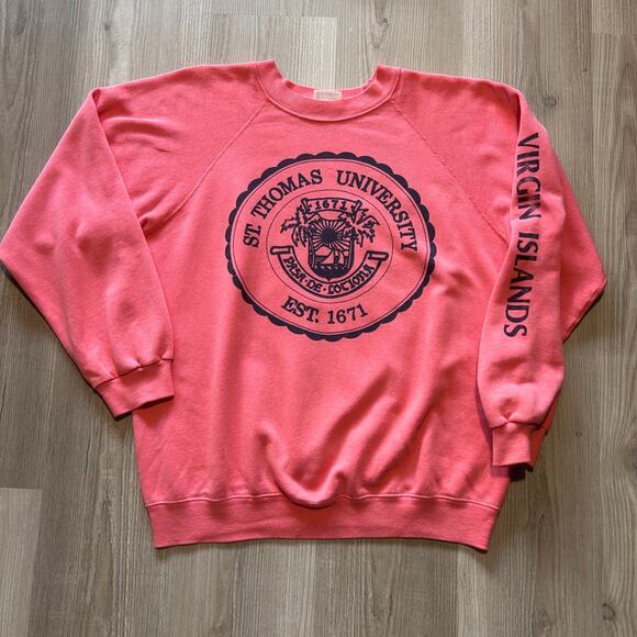 Vintage 80's St. Thomas University Pink Crest Crewneck Pullover Sweatshirt Sz L - Picture 1 of 7